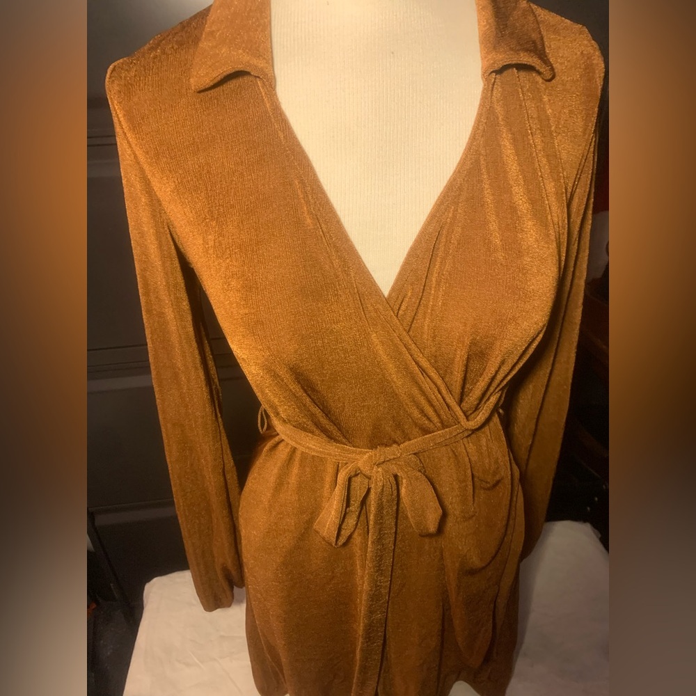 bronze bombshell | Wild Fable | metallic shimmer wrap dress